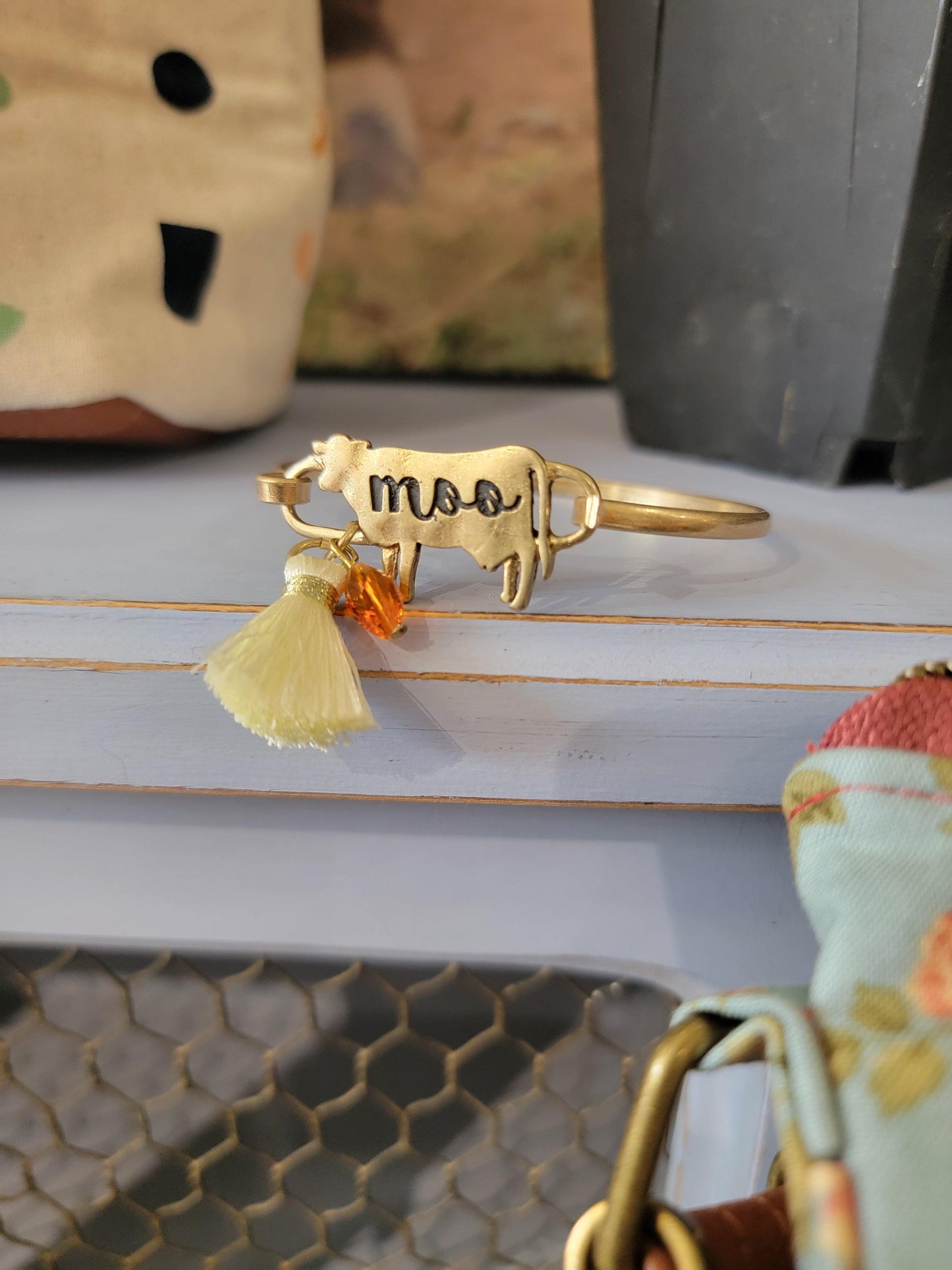 Cow Cuff Bracelet - Orange & Tassel Charm
