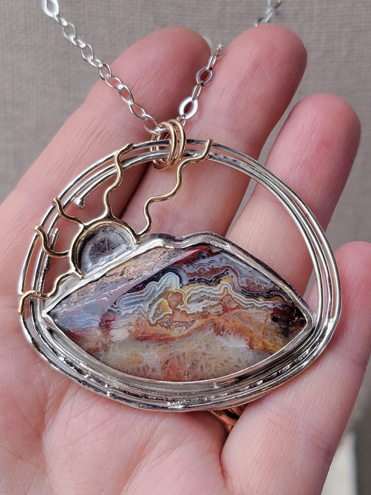 Mountain Sun Statement Necklace - Crazy Lace Agate, Sterling Silver & 14kt Gold Filled - One Of A Kind