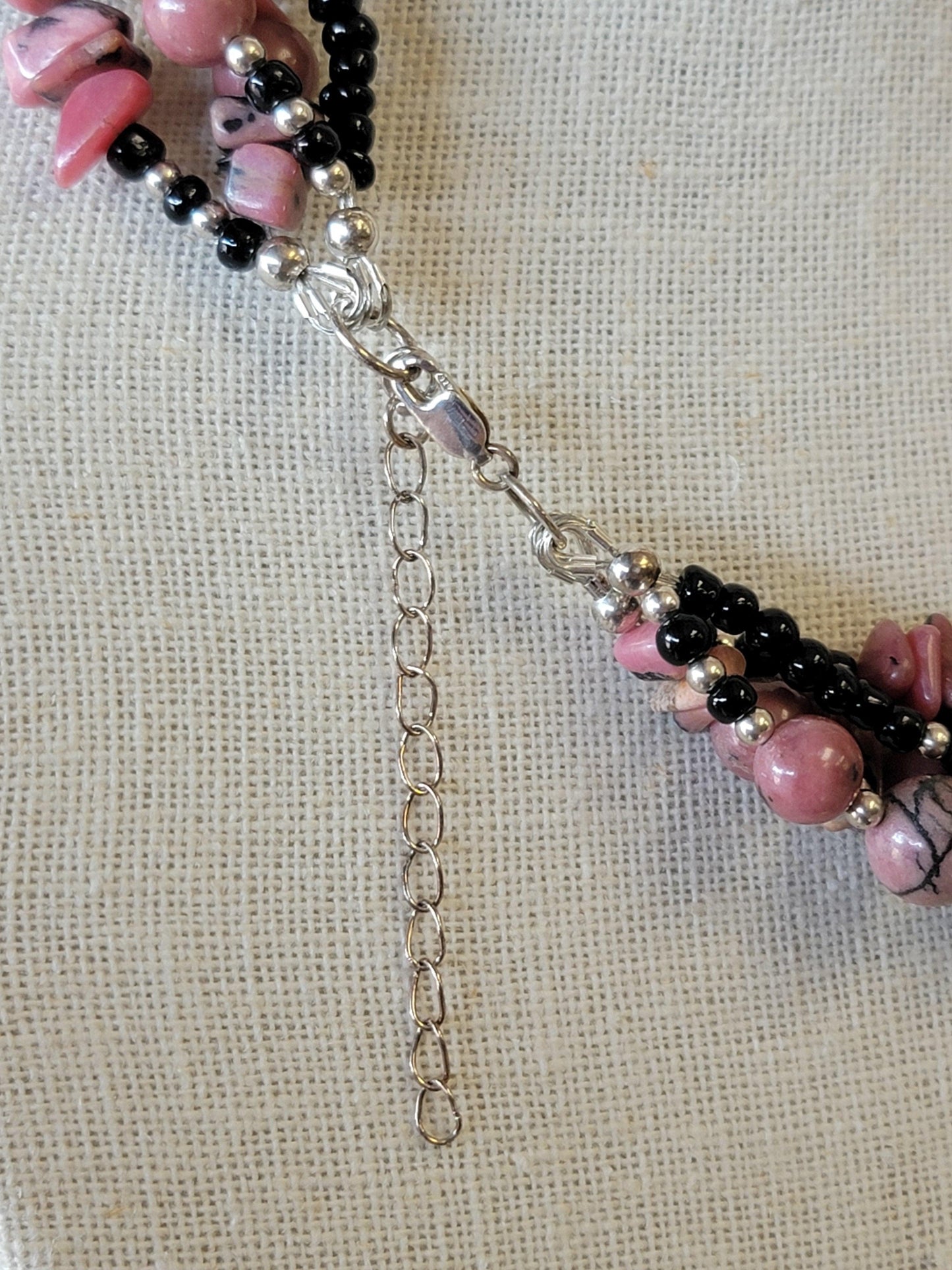Rhodonite Beaded Twist Necklace - Sterling Silver - One Of A Kind