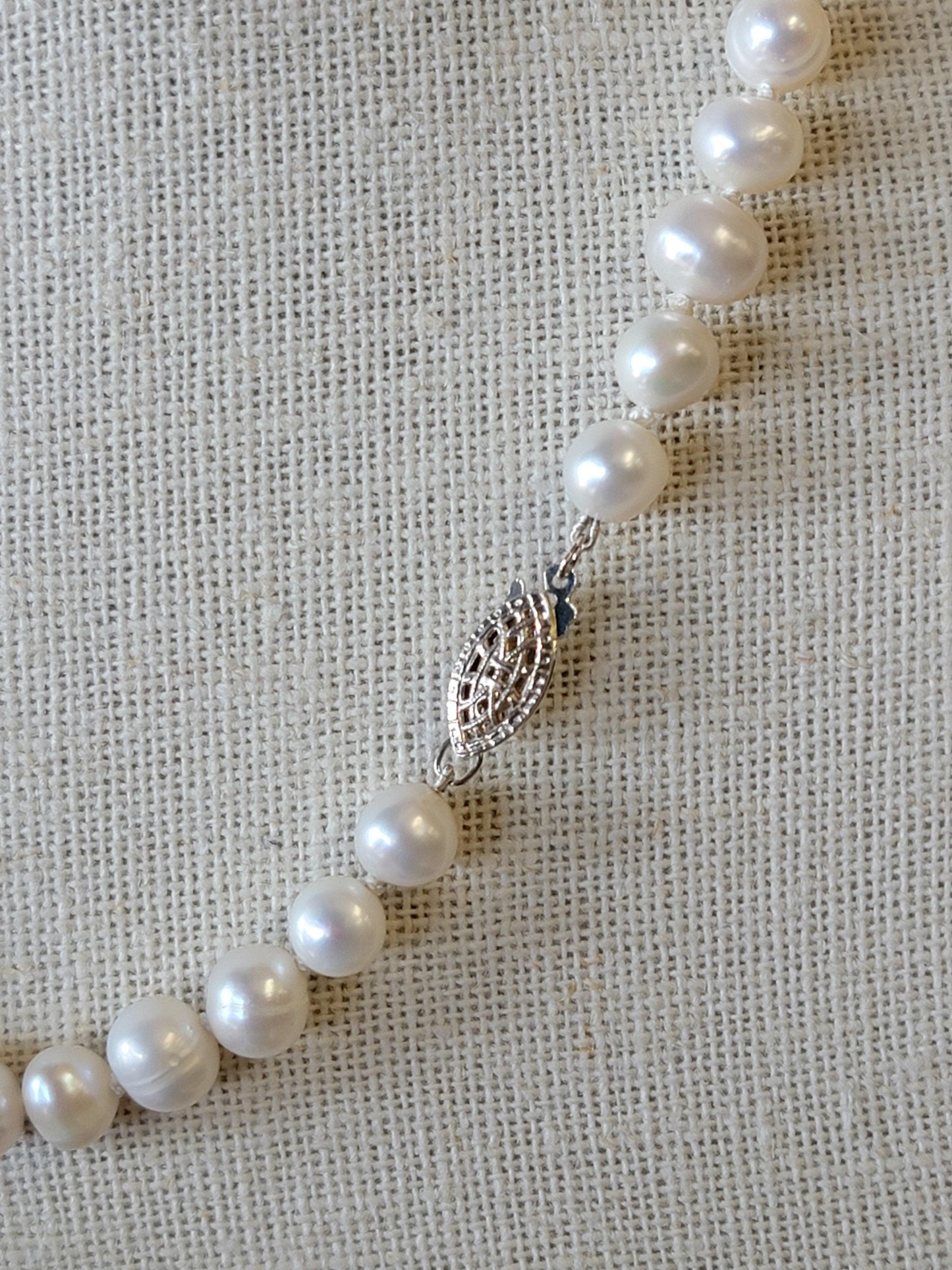 White Handtied Freshwater Pearls - Sterling Silver Hook Clasp - 100% Silk