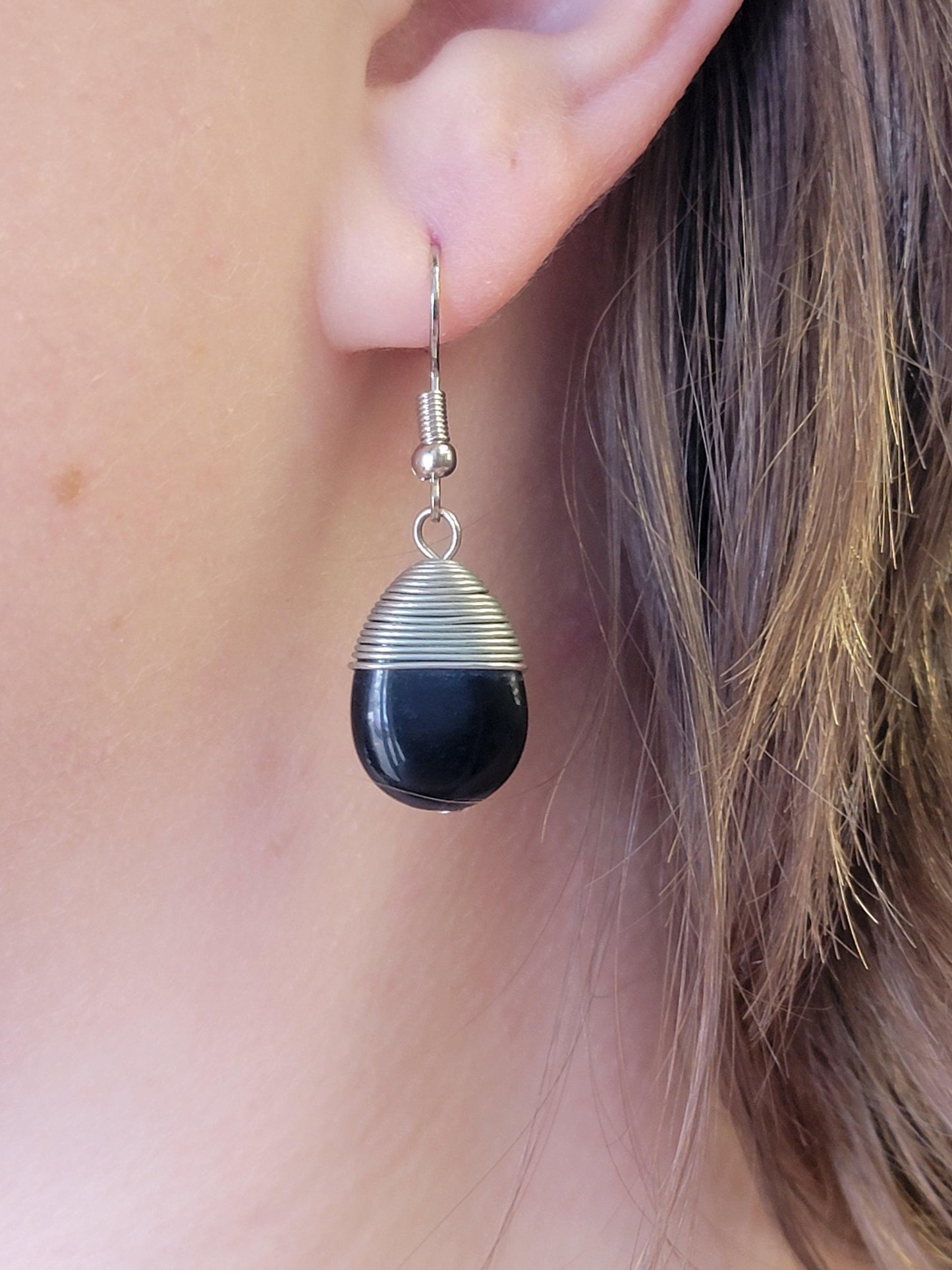 Black Wire Wrapped Teardrop Earrings