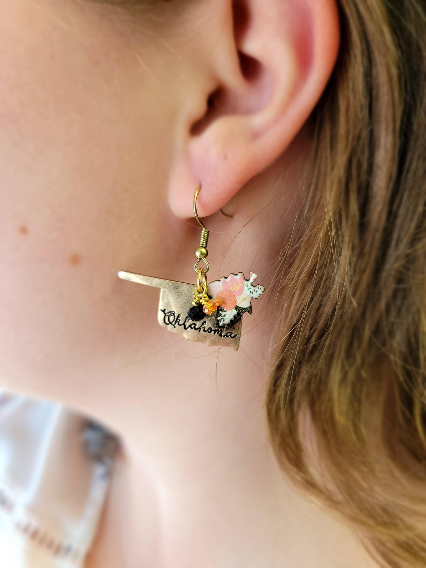 Oklahoma Flower Earrings - Orange & Black Charms - In Silver, or Gold.