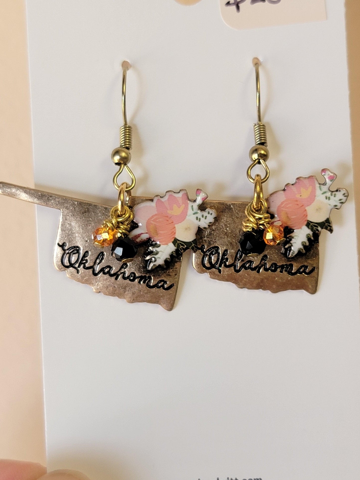Oklahoma Flower Earrings - Orange & Black Charms - In Silver, or Gold.