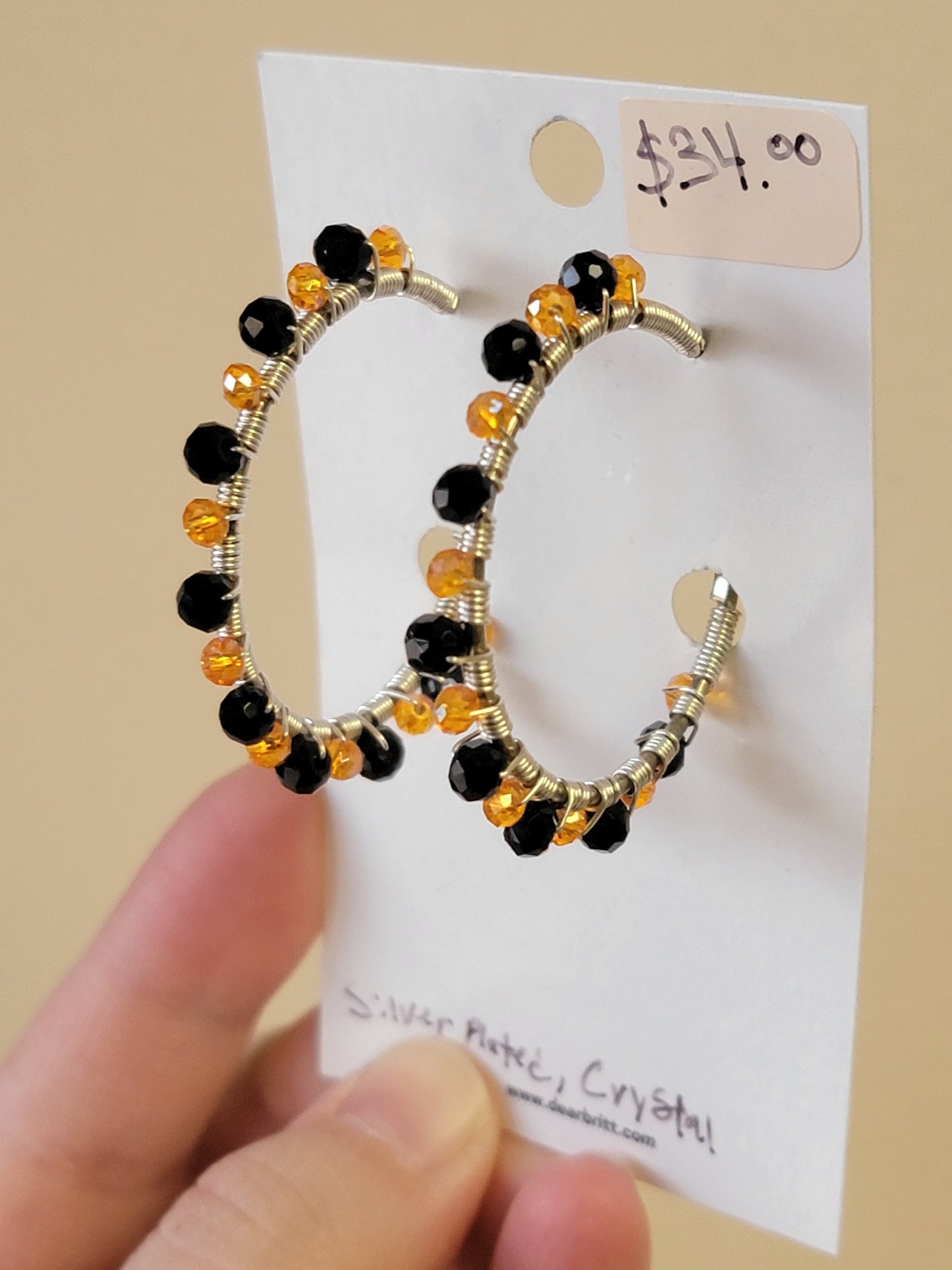 Beaded Hoops - Silver-Plated - Orange & Black
