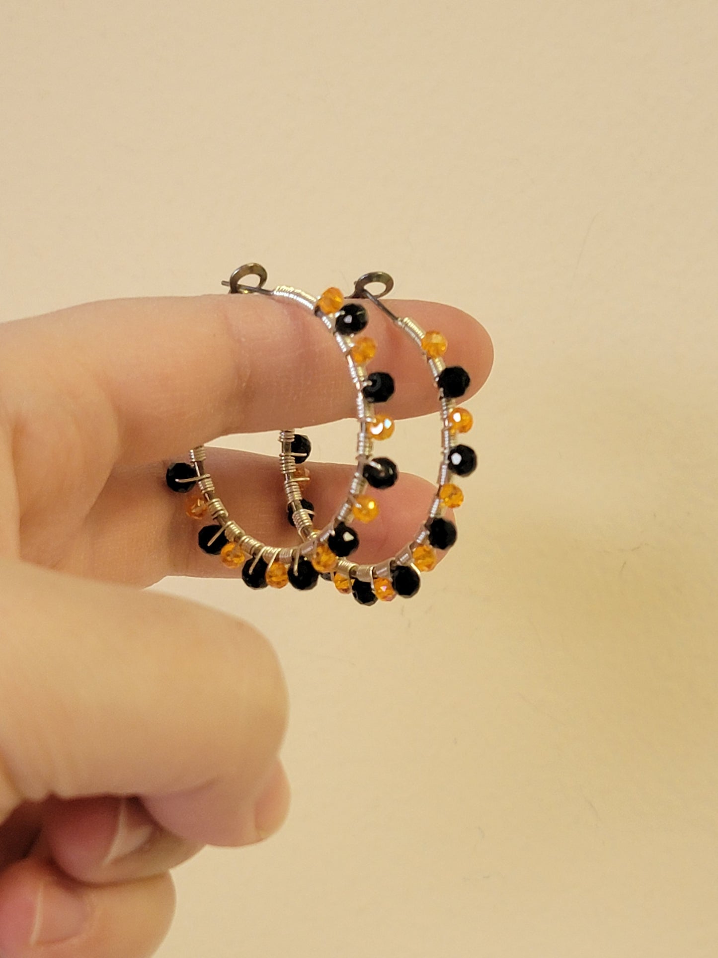 Beaded Hoops - Silver-Plated - Orange & Black