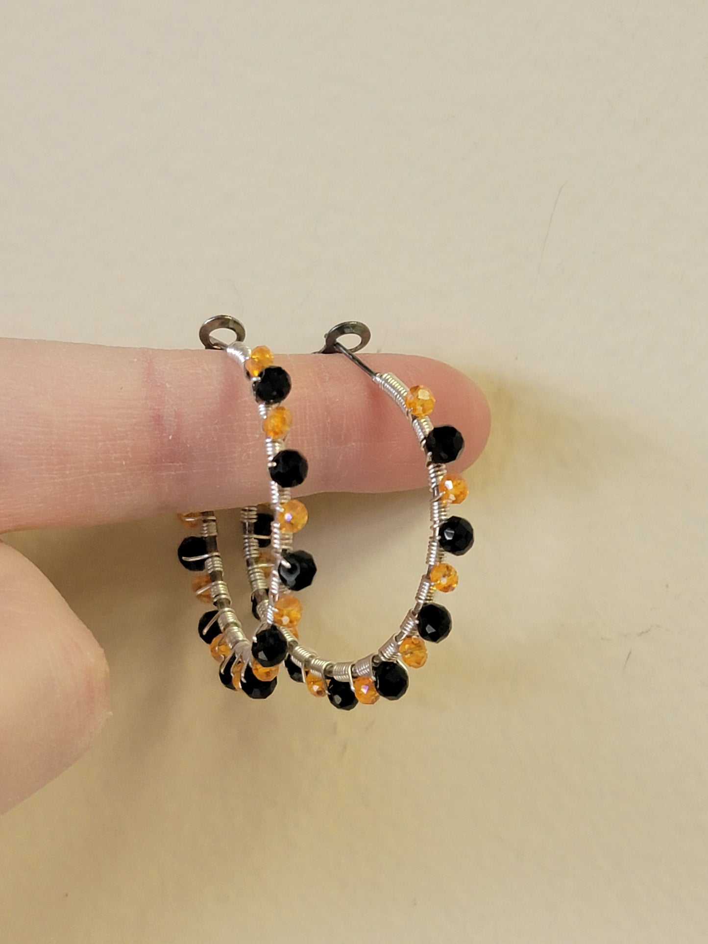 Beaded Hoops - Silver-Plated - Orange & Black