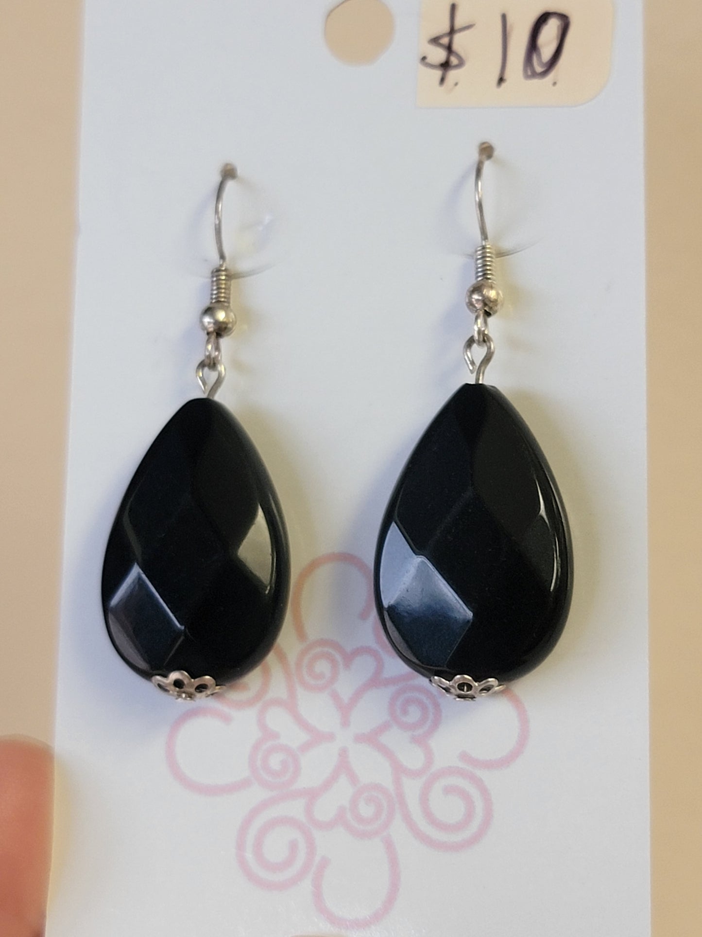 Black Glass Teardrop Earrings - Silver-Plated