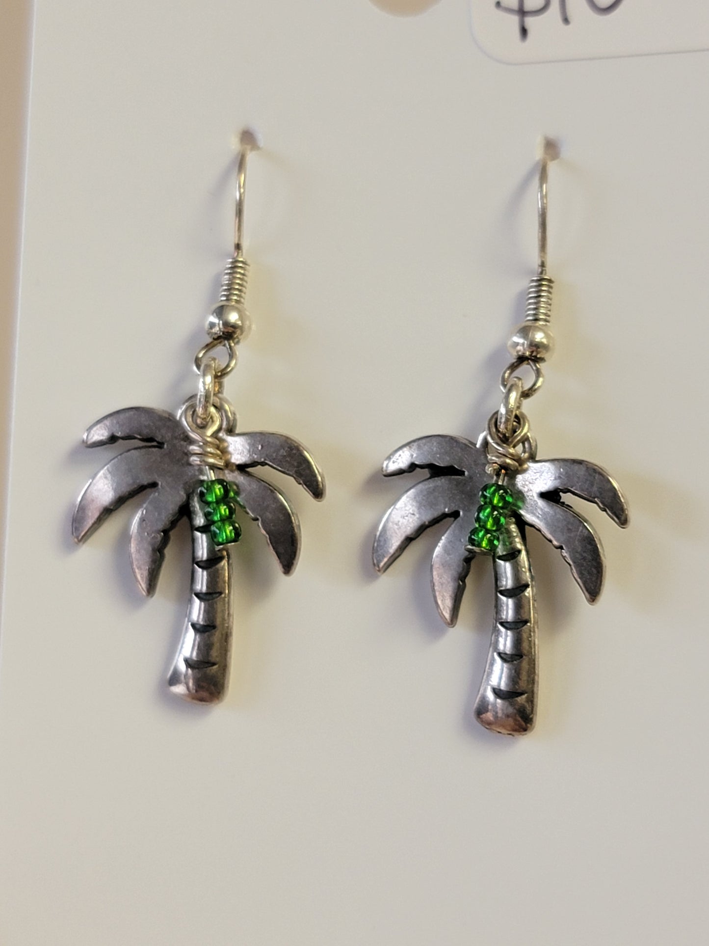 Palm Tree & Green Seed Bead Earrings - Silver - One Of A Kind