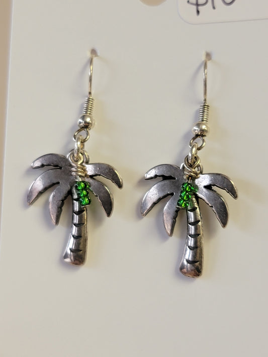 Palm Tree & Green Seed Bead Earrings - Silver - One Of A Kind