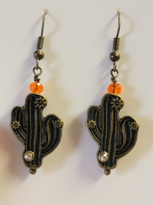 Cactus Earrings - Brass - Orange Accent Bead