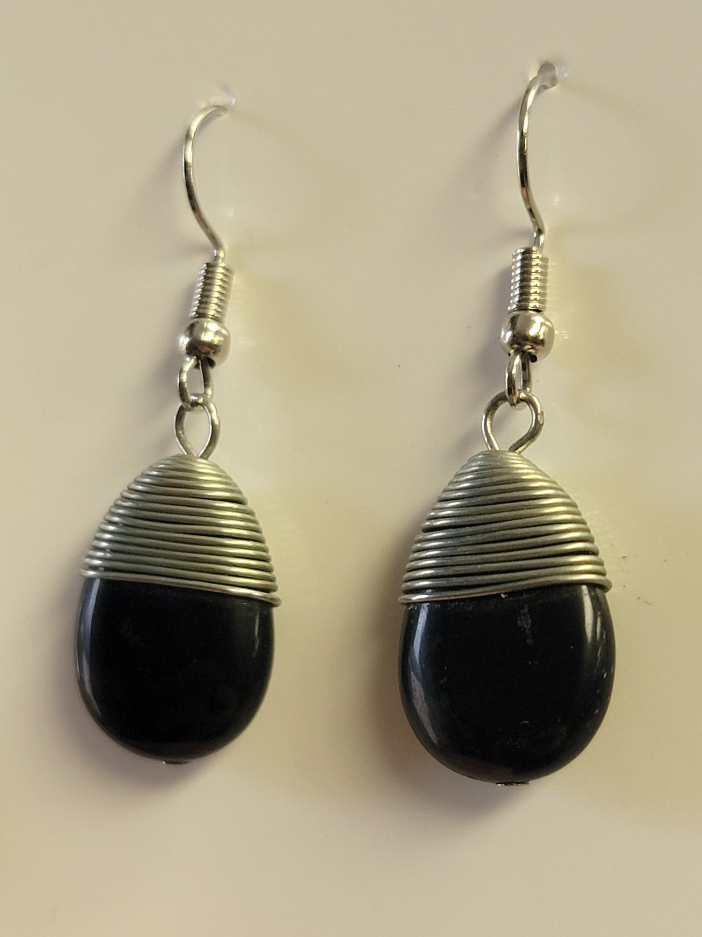 Black Wire Wrapped Teardrop Earrings