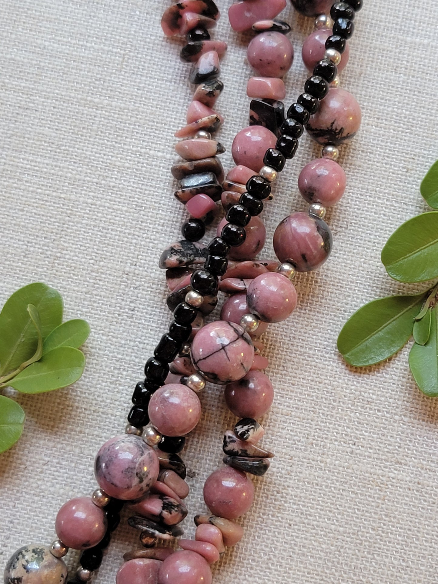 Rhodonite Beaded Twist Necklace - Sterling Silver - One Of A Kind