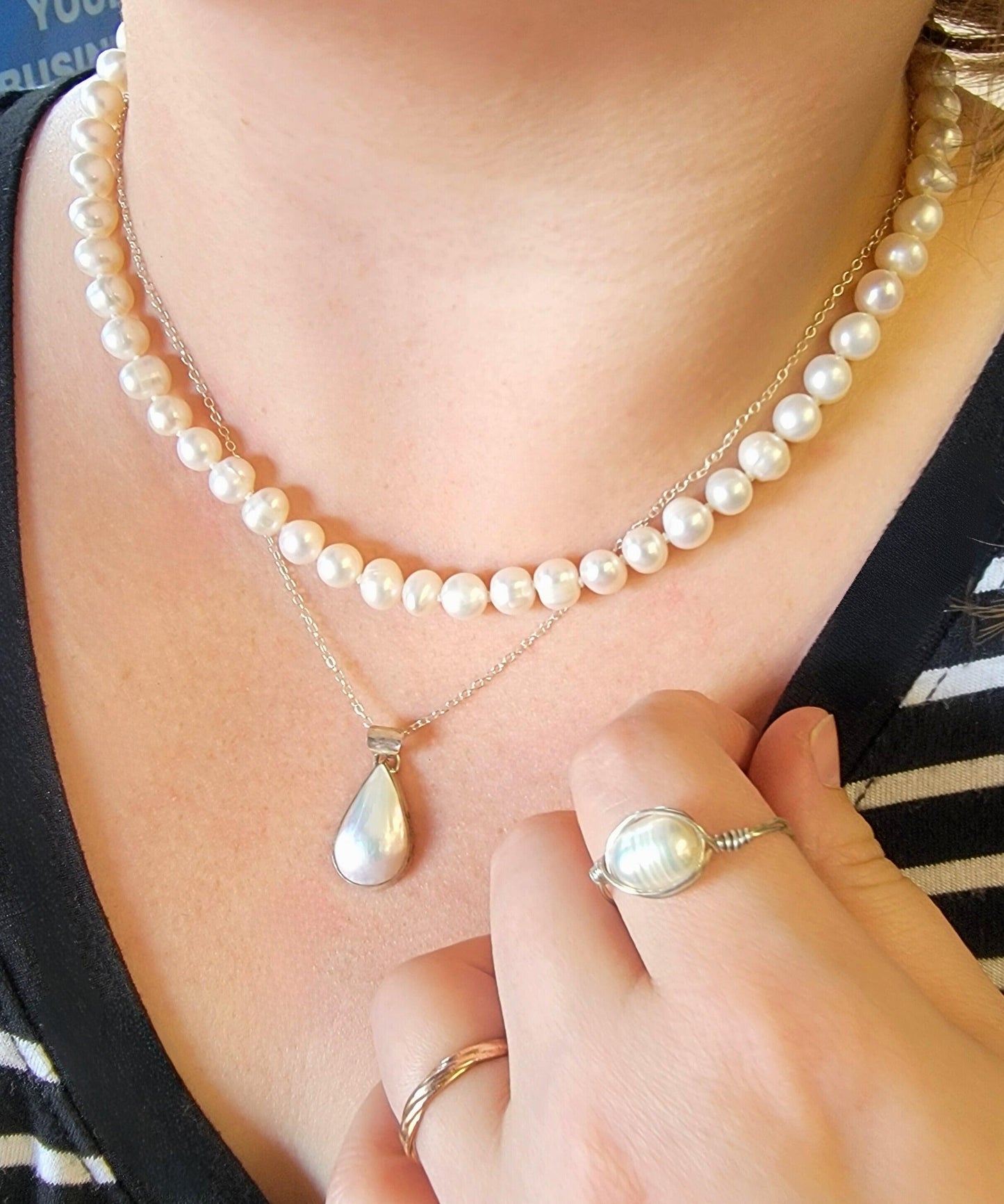 White Handtied Freshwater Pearls - Sterling Silver Hook Clasp - 100% Silk