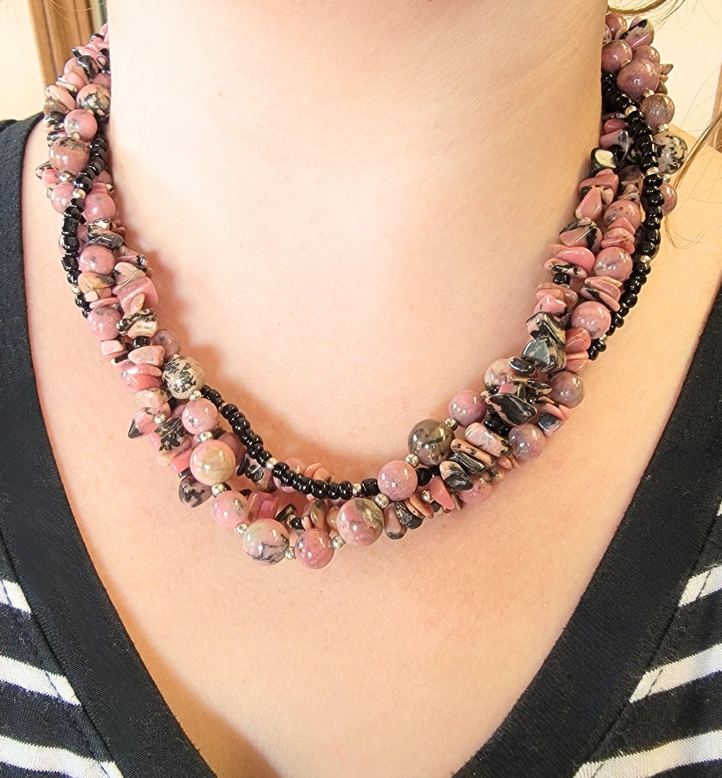 Rhodonite Beaded Twist Necklace - Sterling Silver - One Of A Kind