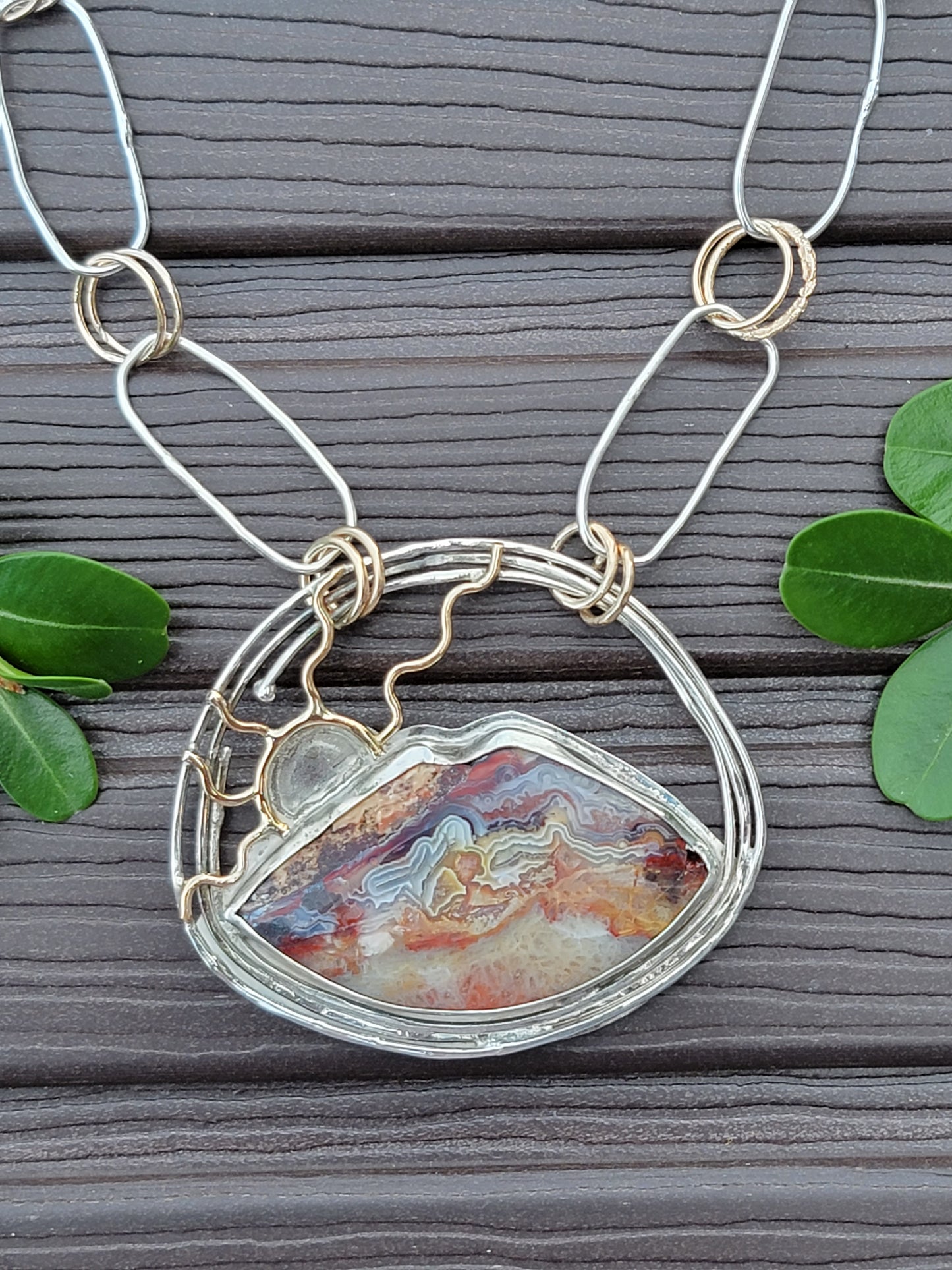 Mountain Sun Necklace - Crazy Lace Agate, Sterling Silver & 14kt Gold Filled - One Of A Kind