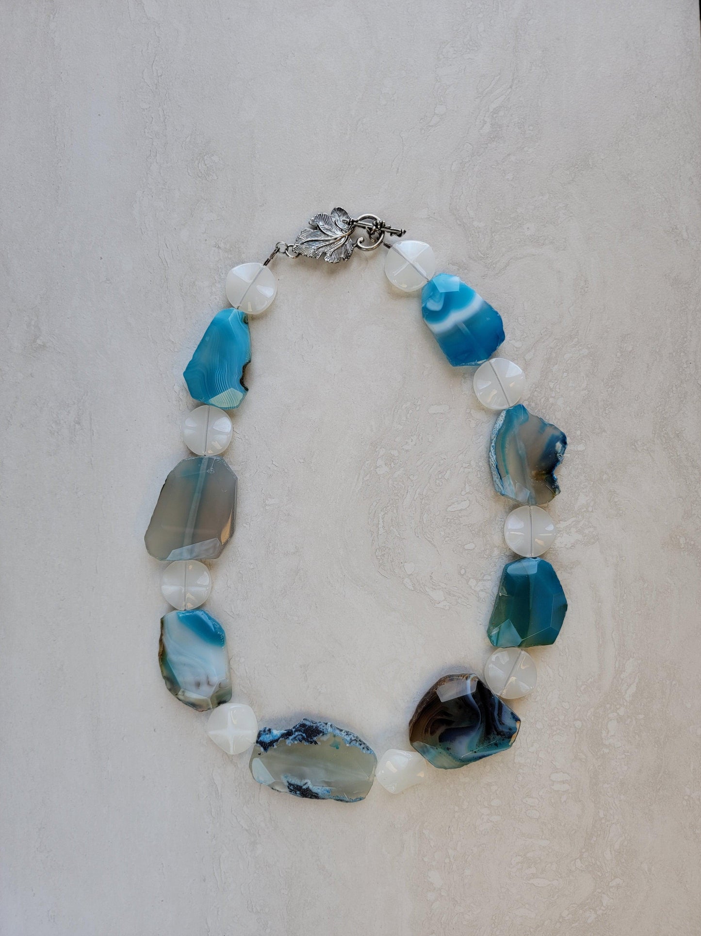 Blue Stone & White Bead Necklace - Handmade One Of A Kind Necklace With Toggle Clasp