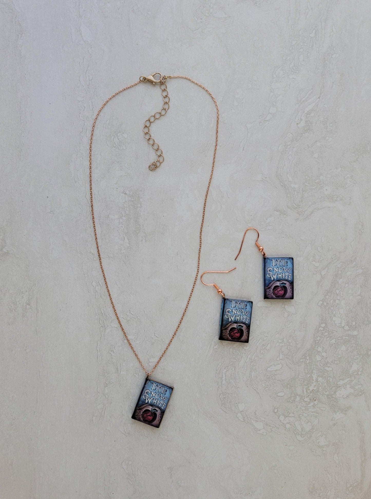 Little Snow White Book Jewelry Set - Matching Necklace & Earrings - Rose Gold - Book Charms - Handmade Book Jewelry