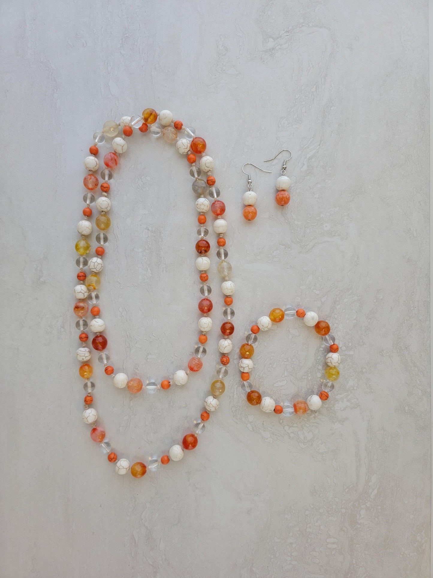 Orange & White Stone Jewelry Set - Matching Necklace, Bracelet & Earrings
