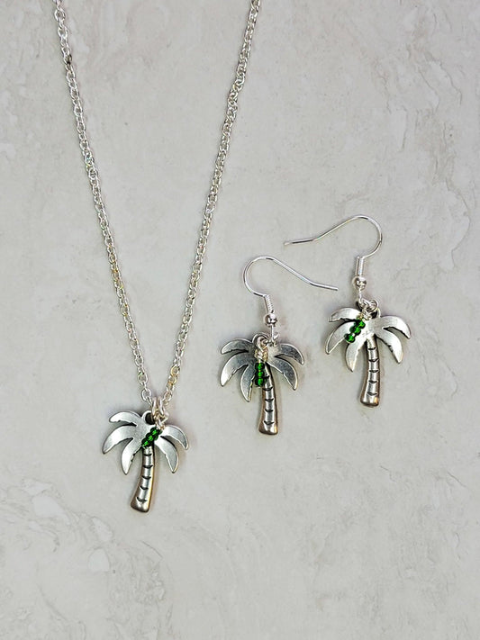 Palm Tree & Green Seed Bead Jewelry Set - Silver - Matching Necklace & Earrings - One Of A Kind