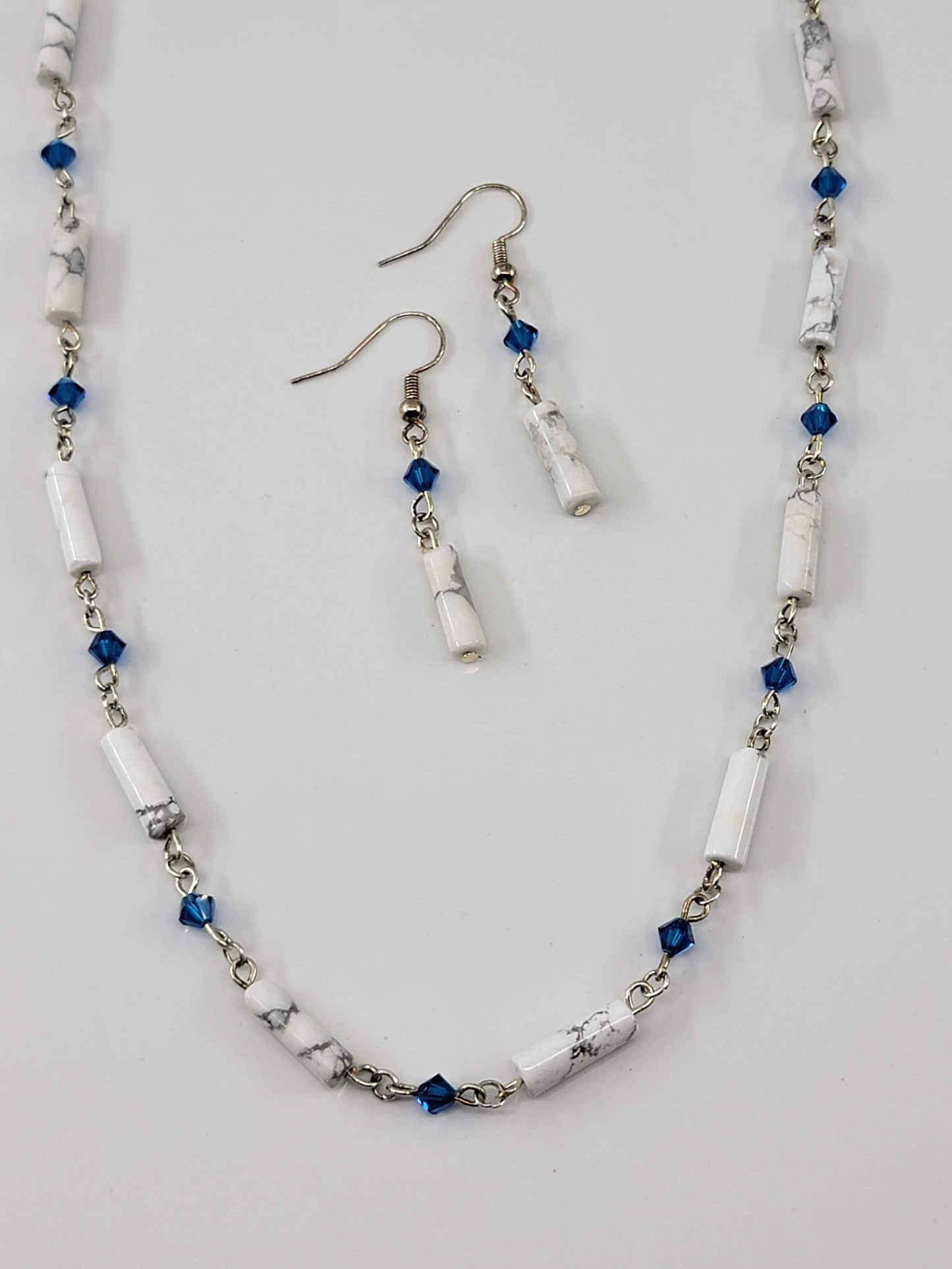 White Stone & Blue Crystal Jewelry Set - Matching Necklace & Earrings
