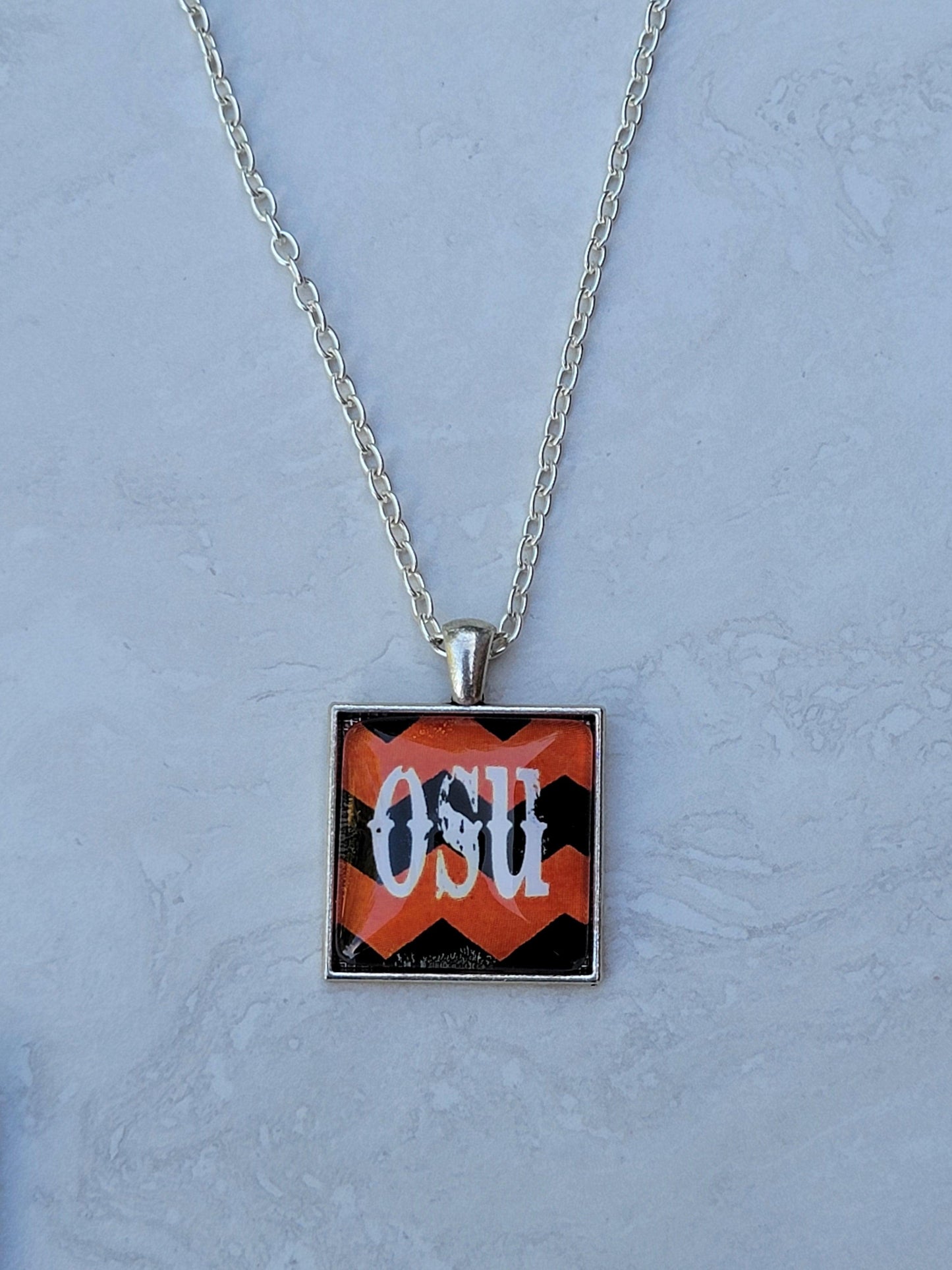 OSU, Chevron, Silver 1" Square Necklace - Made to order - Custom Length