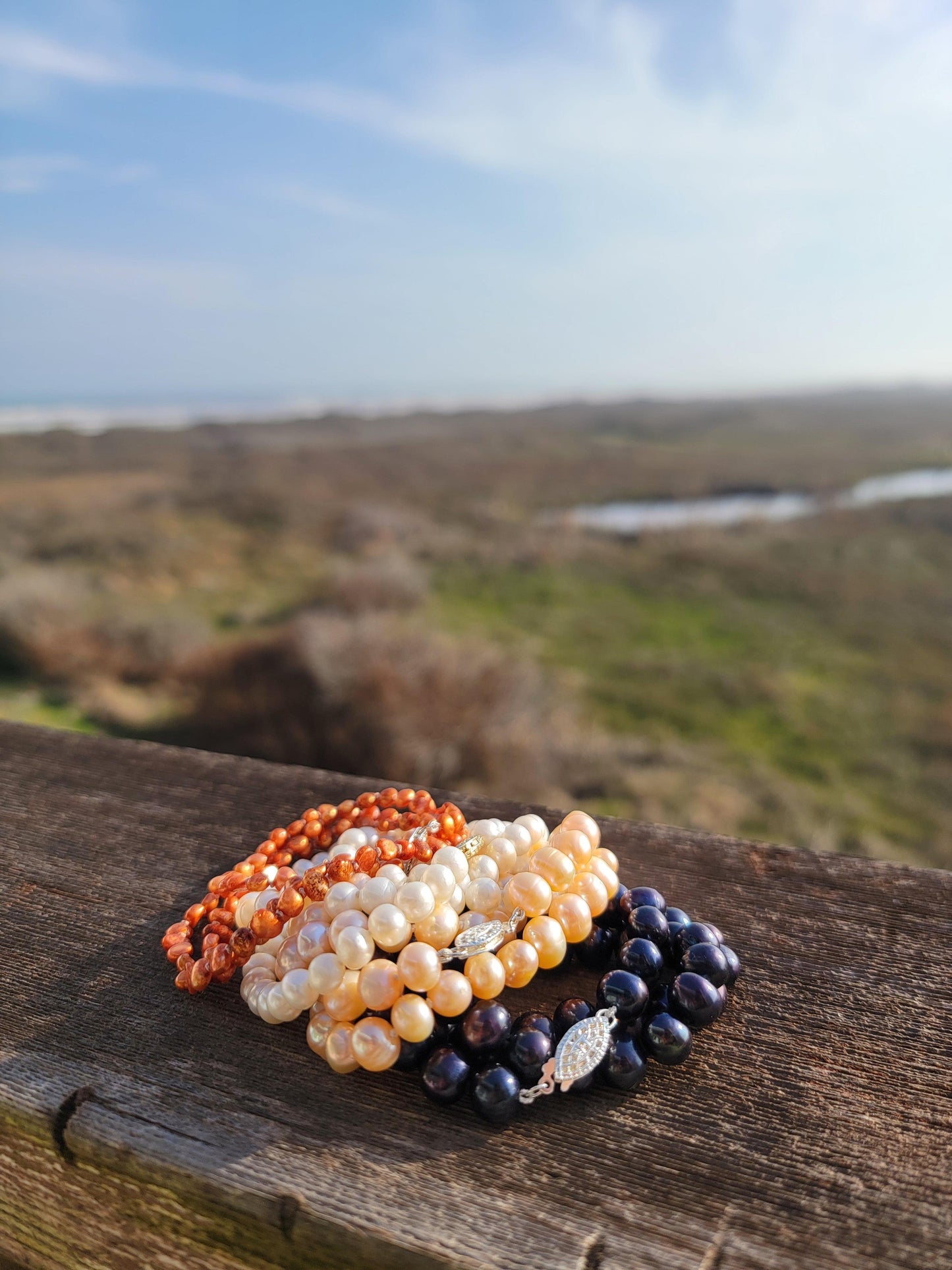 Orange Nugget Pearl Necklace - Handtied Freshwater Pearls - Sterling Silver Hook Clasp - 100% Silk