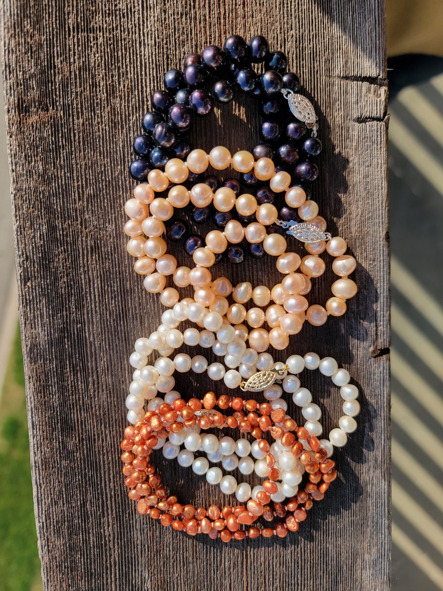 Orange Nugget Pearl Necklace - Handtied Freshwater Pearls - Sterling Silver Hook Clasp - 100% Silk