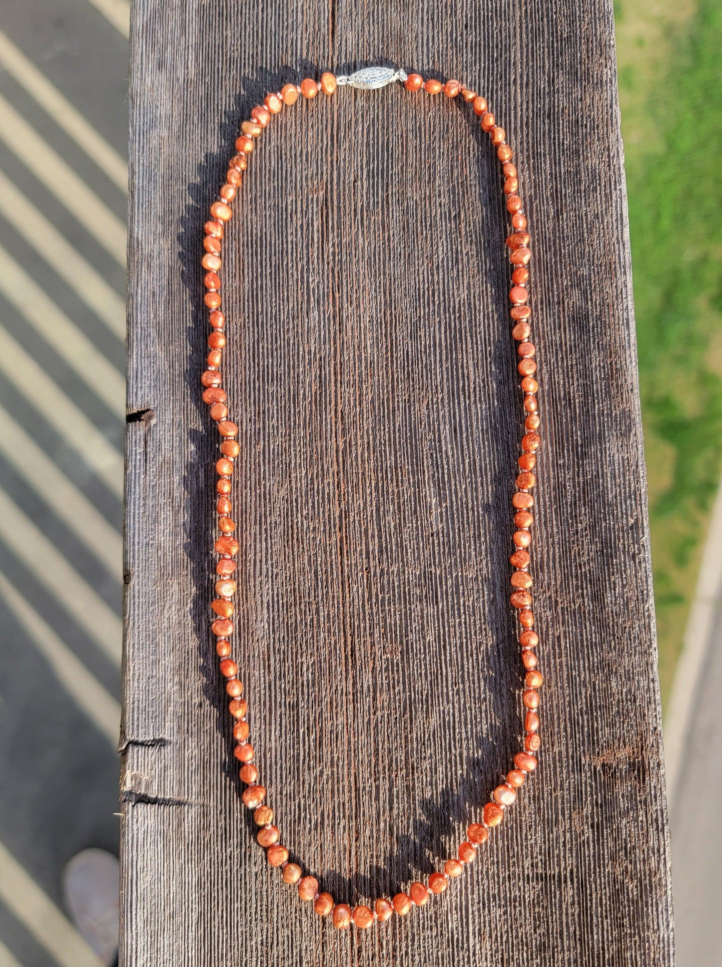 Orange Nugget Pearl Necklace - Handtied Freshwater Pearls - Sterling Silver Hook Clasp - 100% Silk