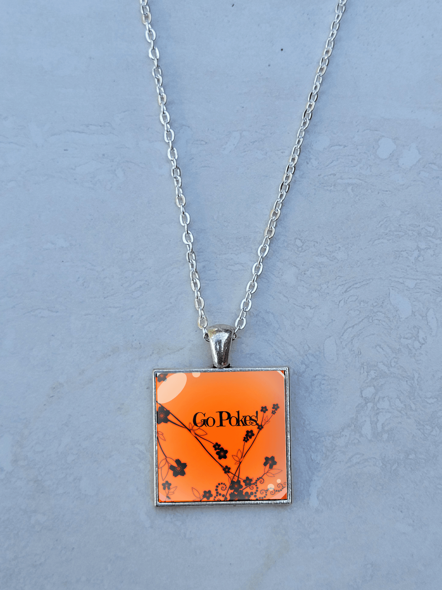OSU, Orange Floral, Silver 1" Square Necklace - Made to order - Custom Length