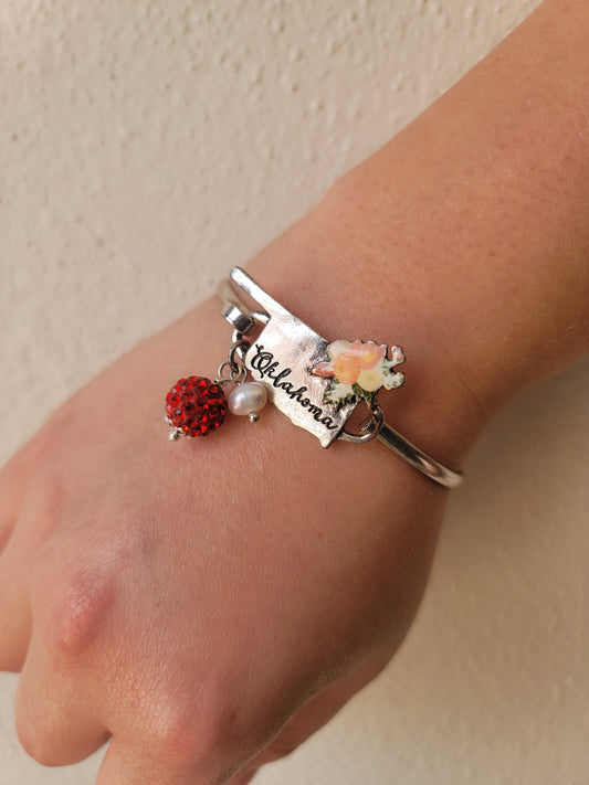 Oklahoma Flower Cuff Bracelet - Red Sparkle Charm