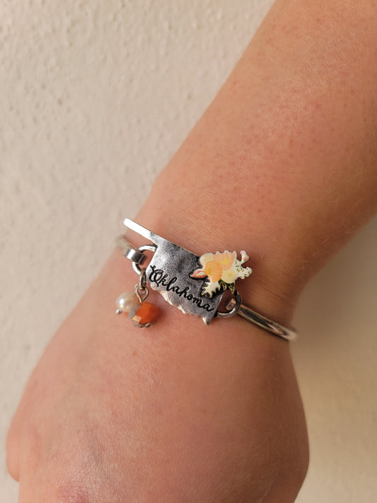 Oklahoma Flower Cuff Bracelet - Orange & Pearl Charm