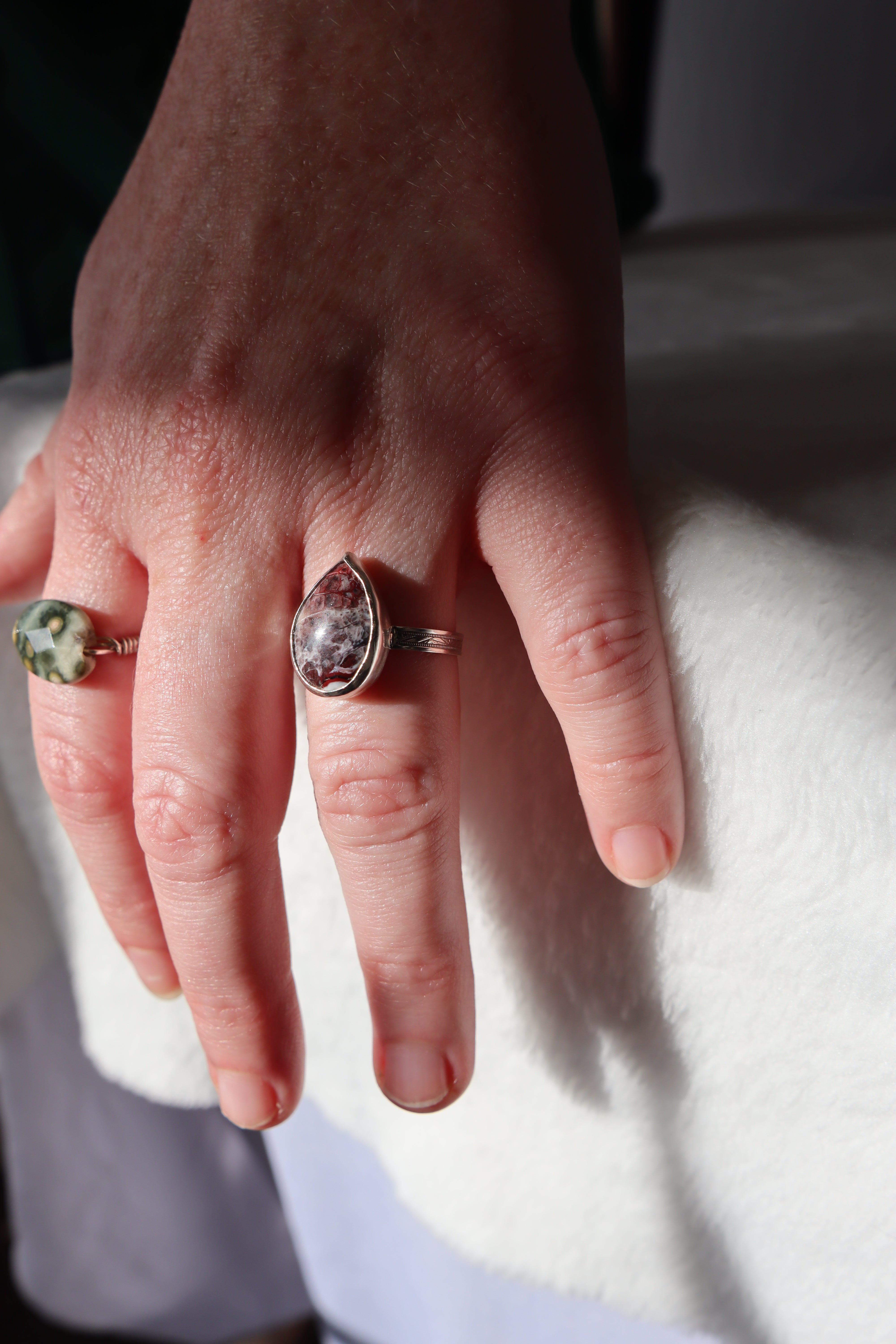 Green crazy lace agate outlet ring in sterling silver. A one-of-kind statement ring made for the unque soul. Handmade in California, USA. Size US 8