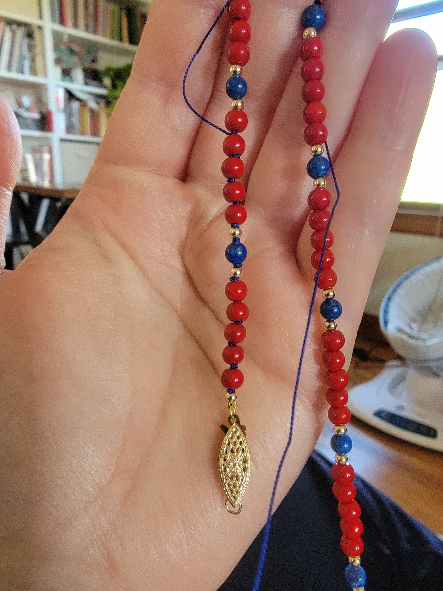 Red Czech & Lapis - 14kt Yellow Gold-Filled Accents - Hand-tied Double Knotted Necklace