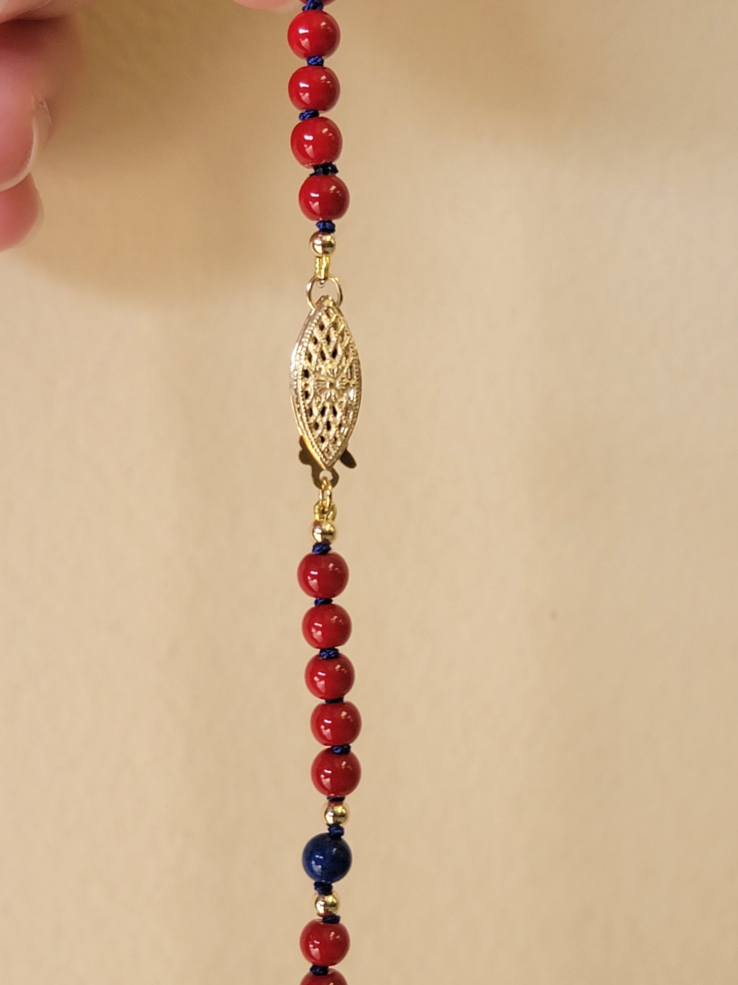 Red Czech & Lapis - 14kt Yellow Gold-Filled Accents - Hand-tied Double Knotted Necklace