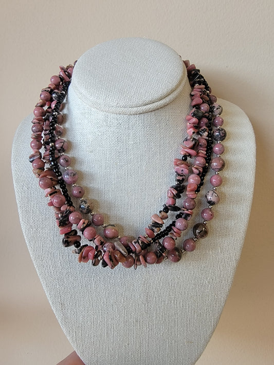 Rhodonite Beaded Twist Necklace - Sterling Silver - One Of A Kind