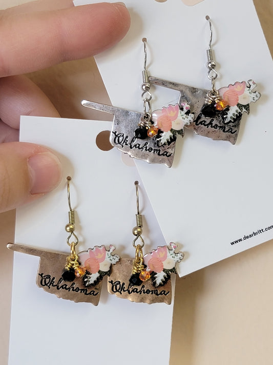 Oklahoma Flower Earrings - Orange & Black Charms - In Silver, or Gold.