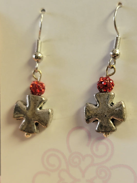 Silver Cross Earrings - Red Sparkle Accent