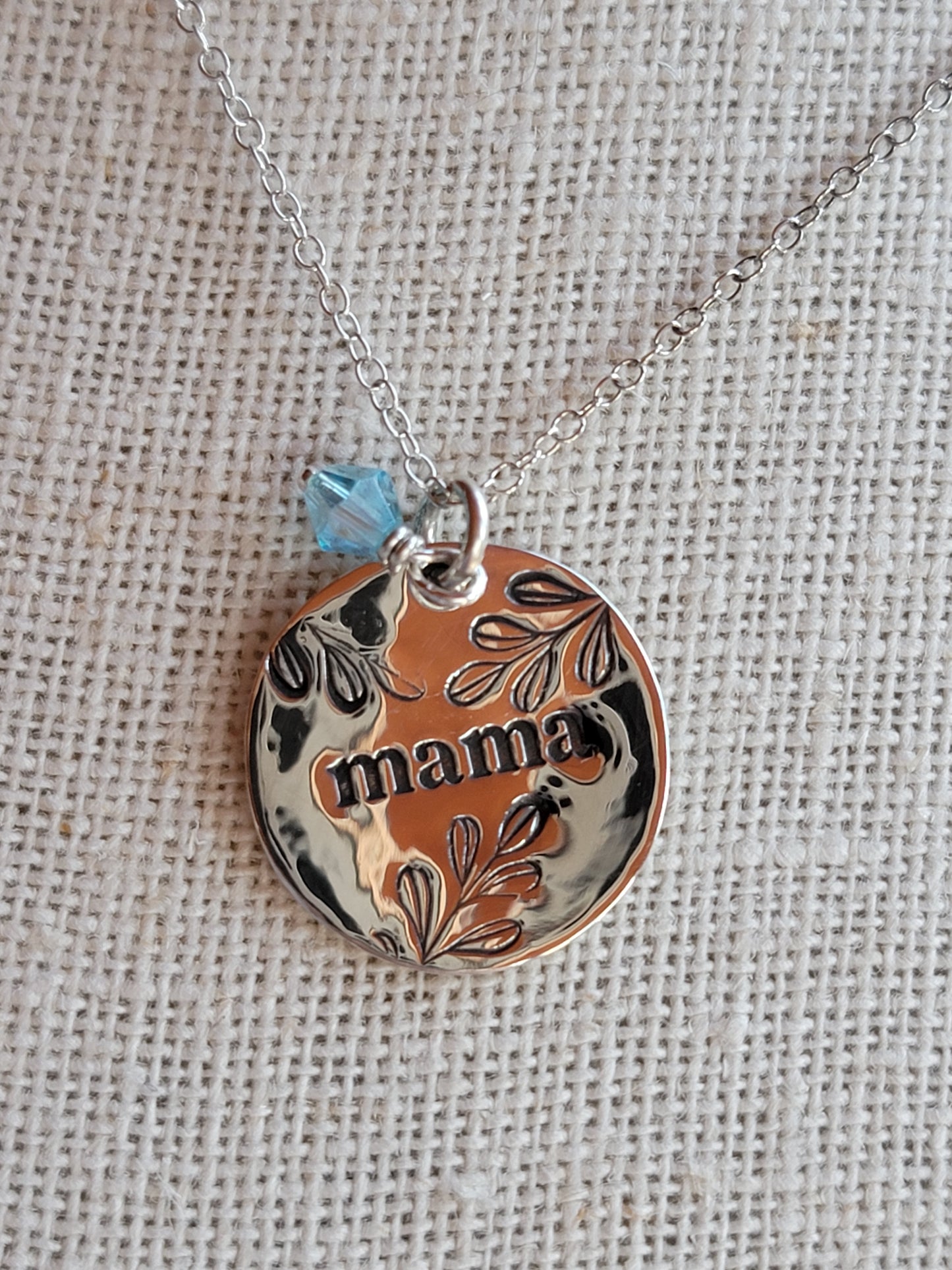 Mama Necklace - .925 Sterling Silver - Hand Stamped - Birthstone Charm