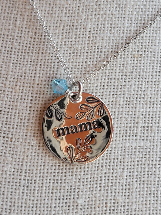 Mama Necklace - .925 Sterling Silver - Hand Stamped - Birthstone Charm