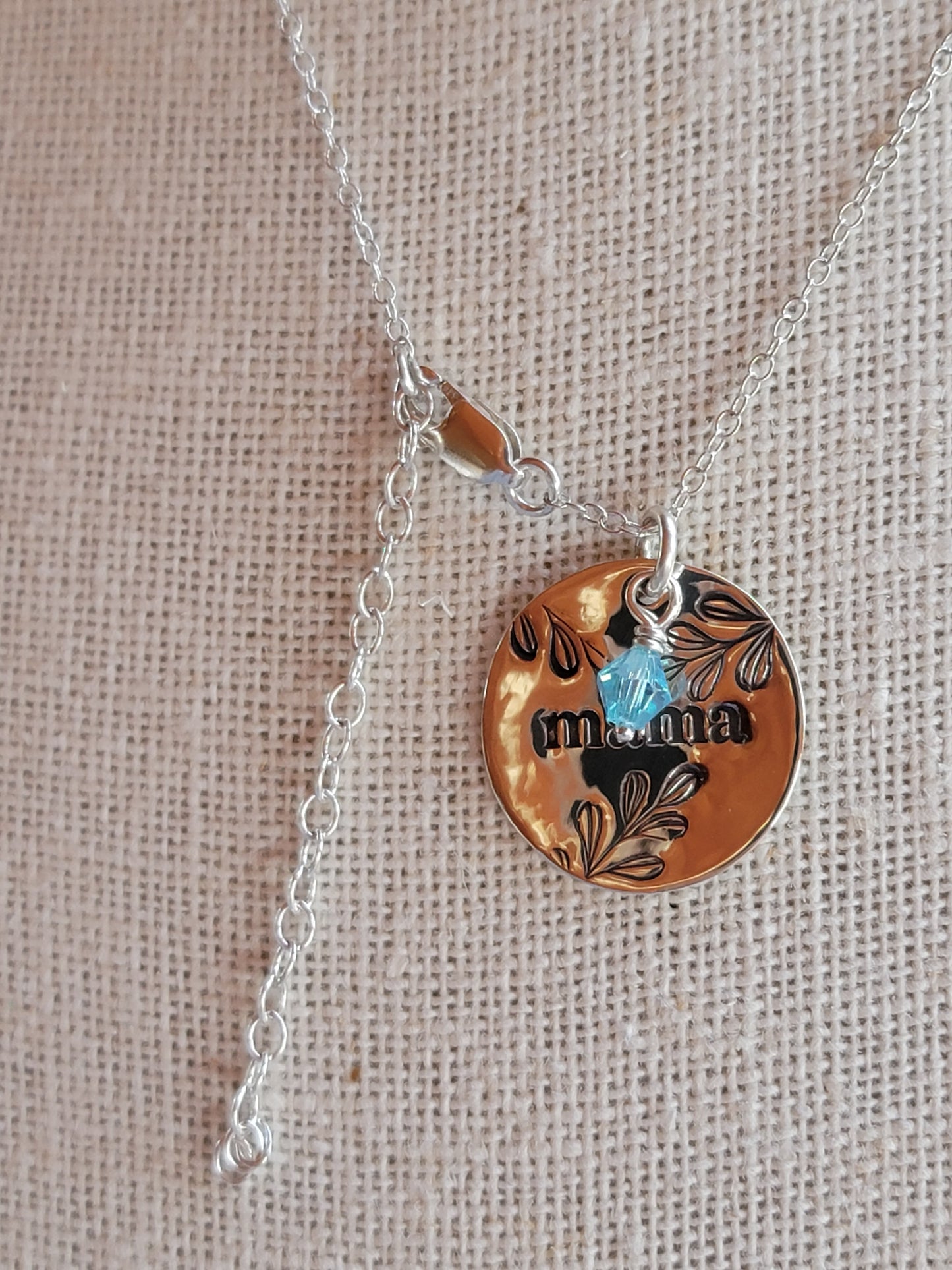Mama Necklace - .925 Sterling Silver - Hand Stamped - Birthstone Charm