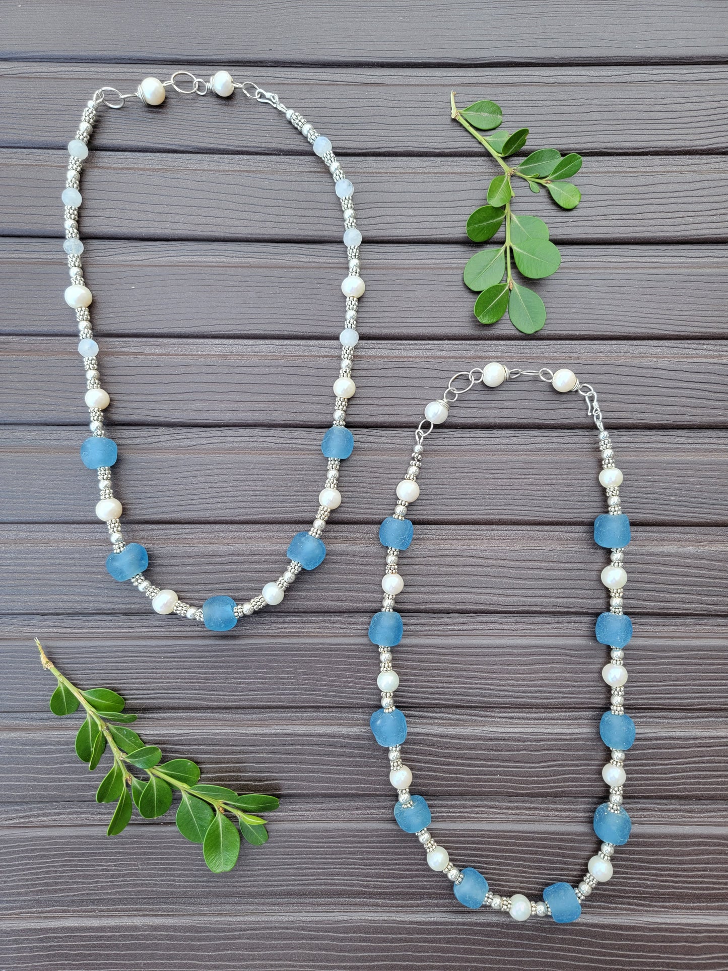 Sister Strand Necklaces — Recycled African Glass, Moonstone & .925 Sterling Silver