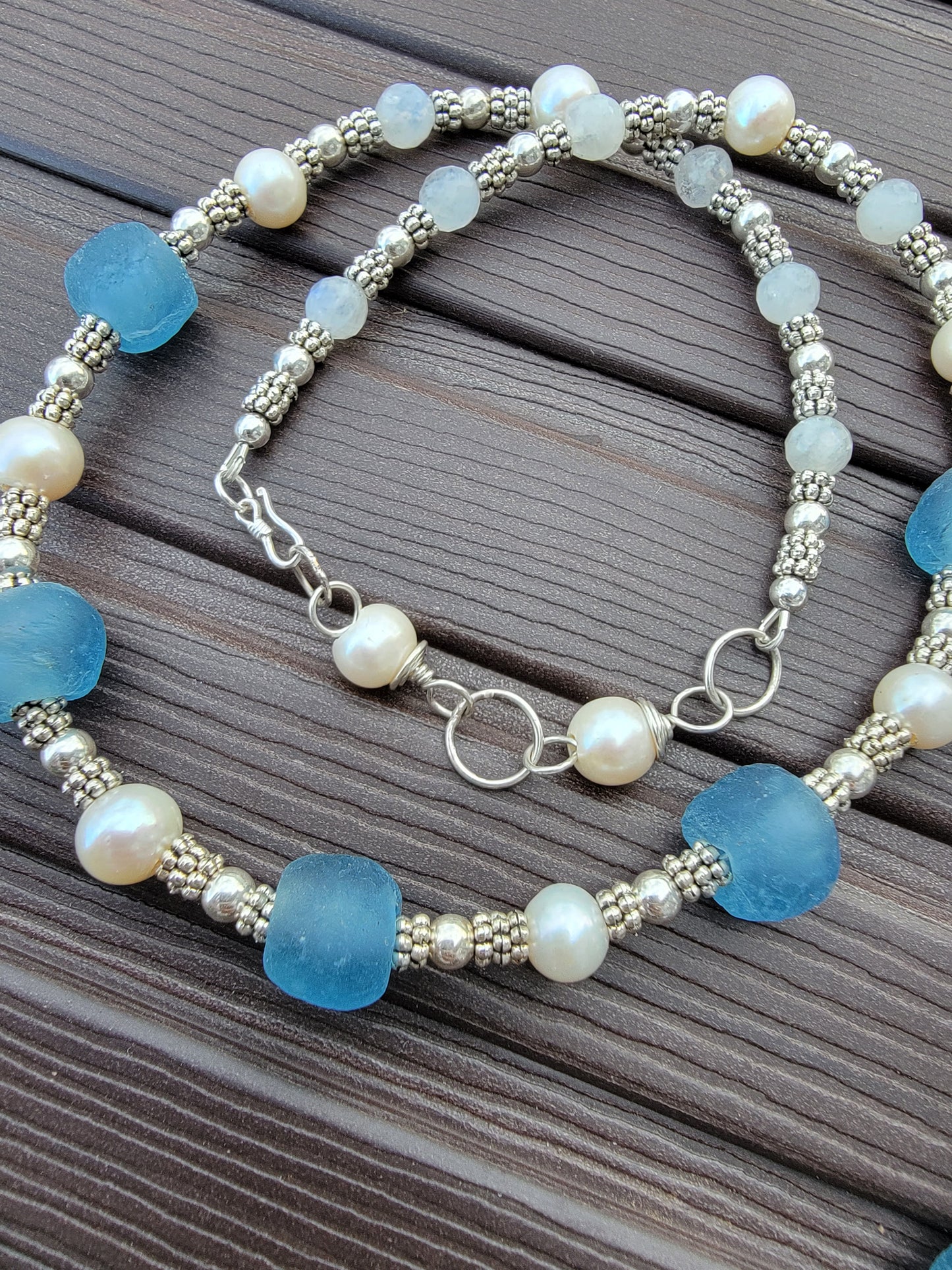 Sister Strand Necklaces — Recycled African Glass, Moonstone & .925 Sterling Silver