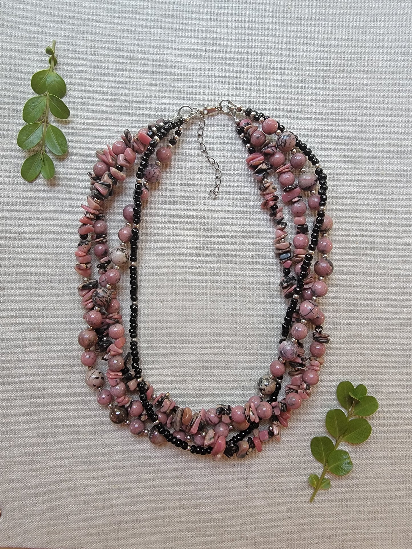 Rhodonite Beaded Twist Necklace - Sterling Silver - One Of A Kind