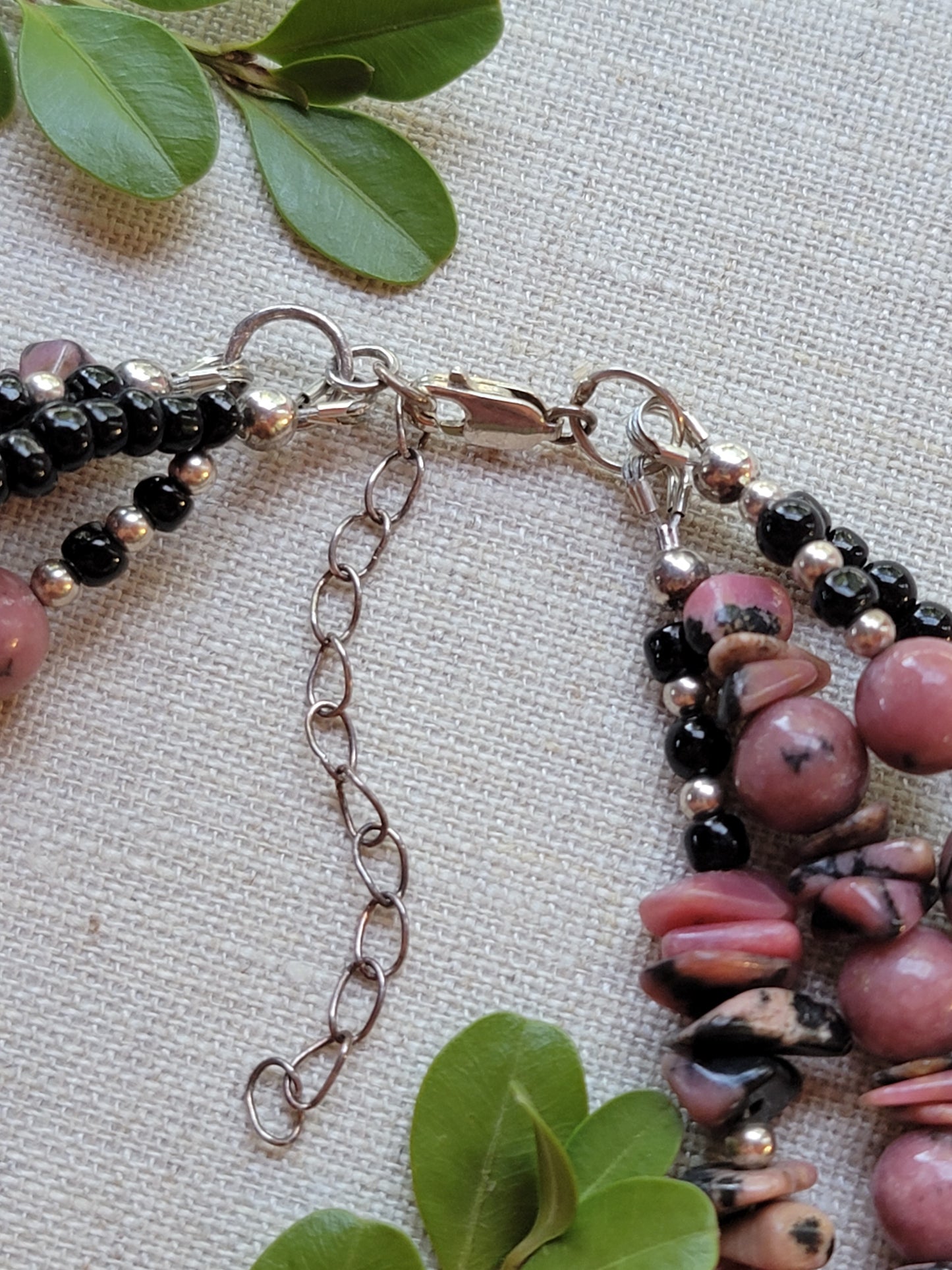 Rhodonite Beaded Twist Necklace - Sterling Silver - One Of A Kind