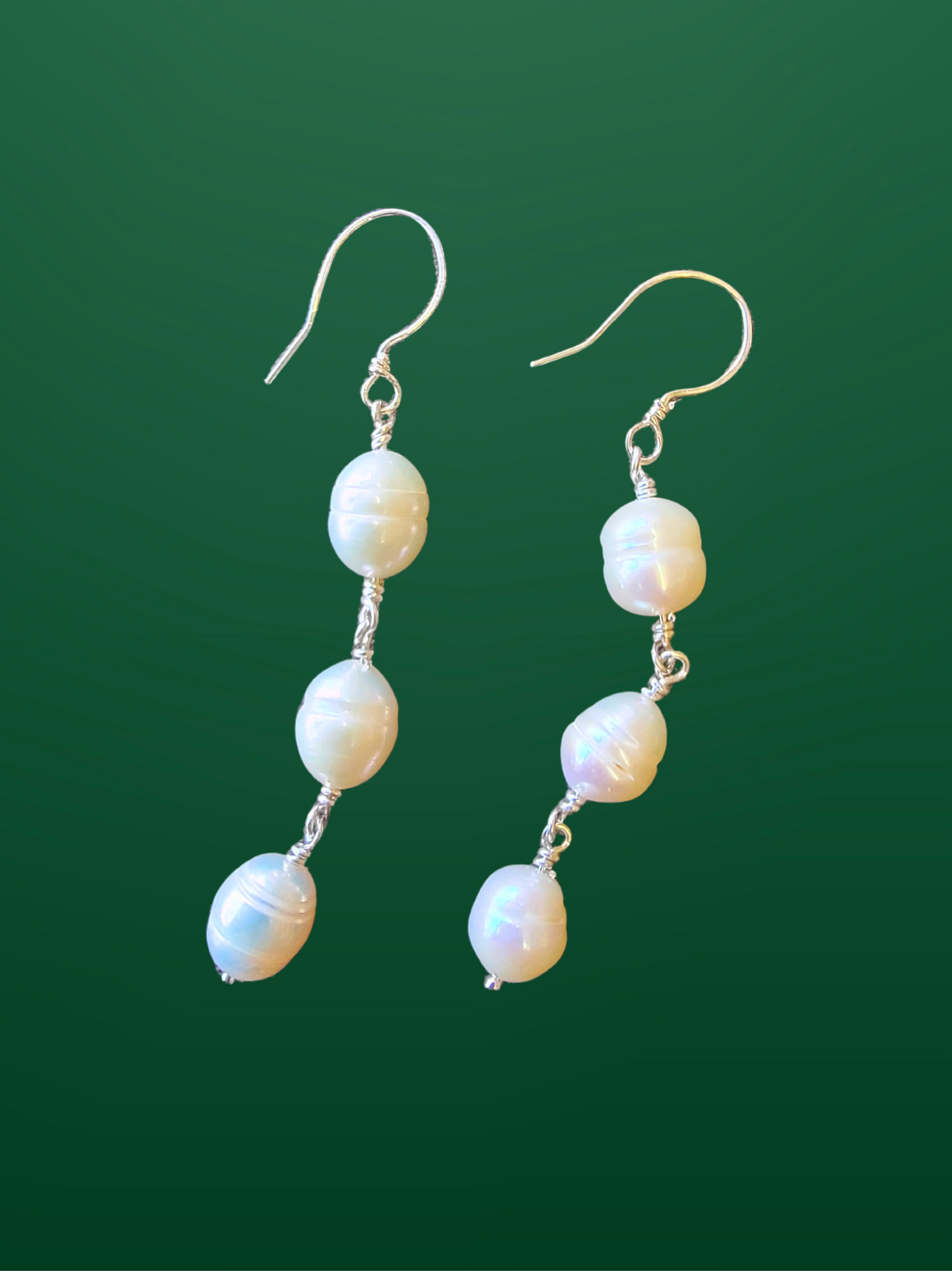 Three Stack White Pearl Earrings - .925 Sterling Silver - Handmade to order