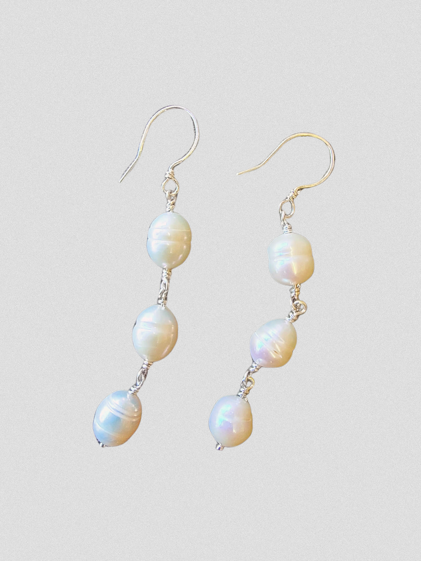 Three Stack White Pearl Earrings - .925 Sterling Silver - Handmade to order