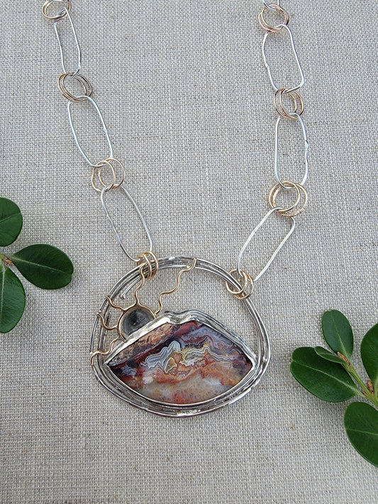 Mountain Sun Necklace - Crazy Lace Agate, Sterling Silver & 14kt Gold Filled - One Of A Kind