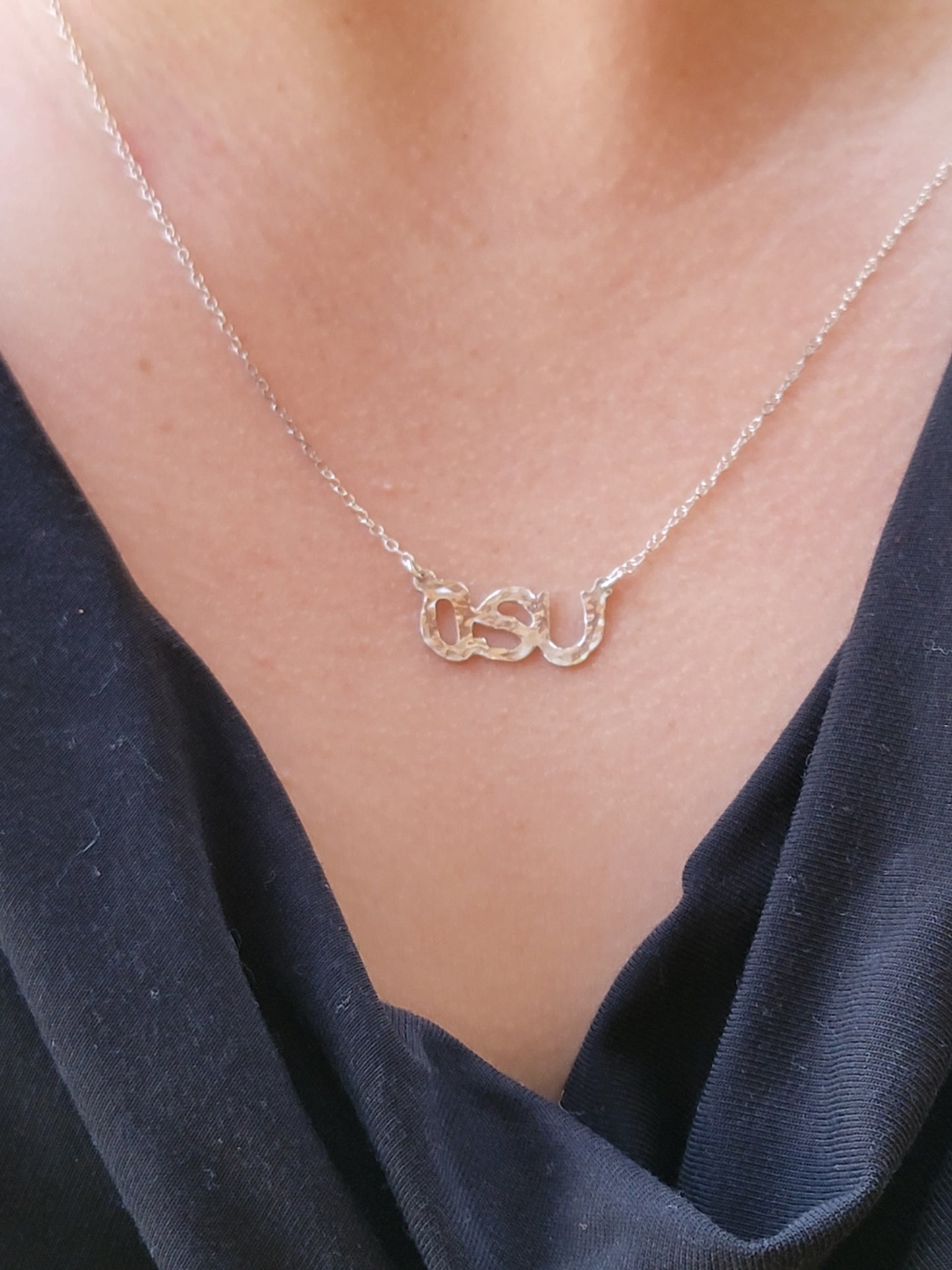 Oklahoma State University "OSU" .925 Sterling Silver Necklace - 16" to 18" - Hammered Finish