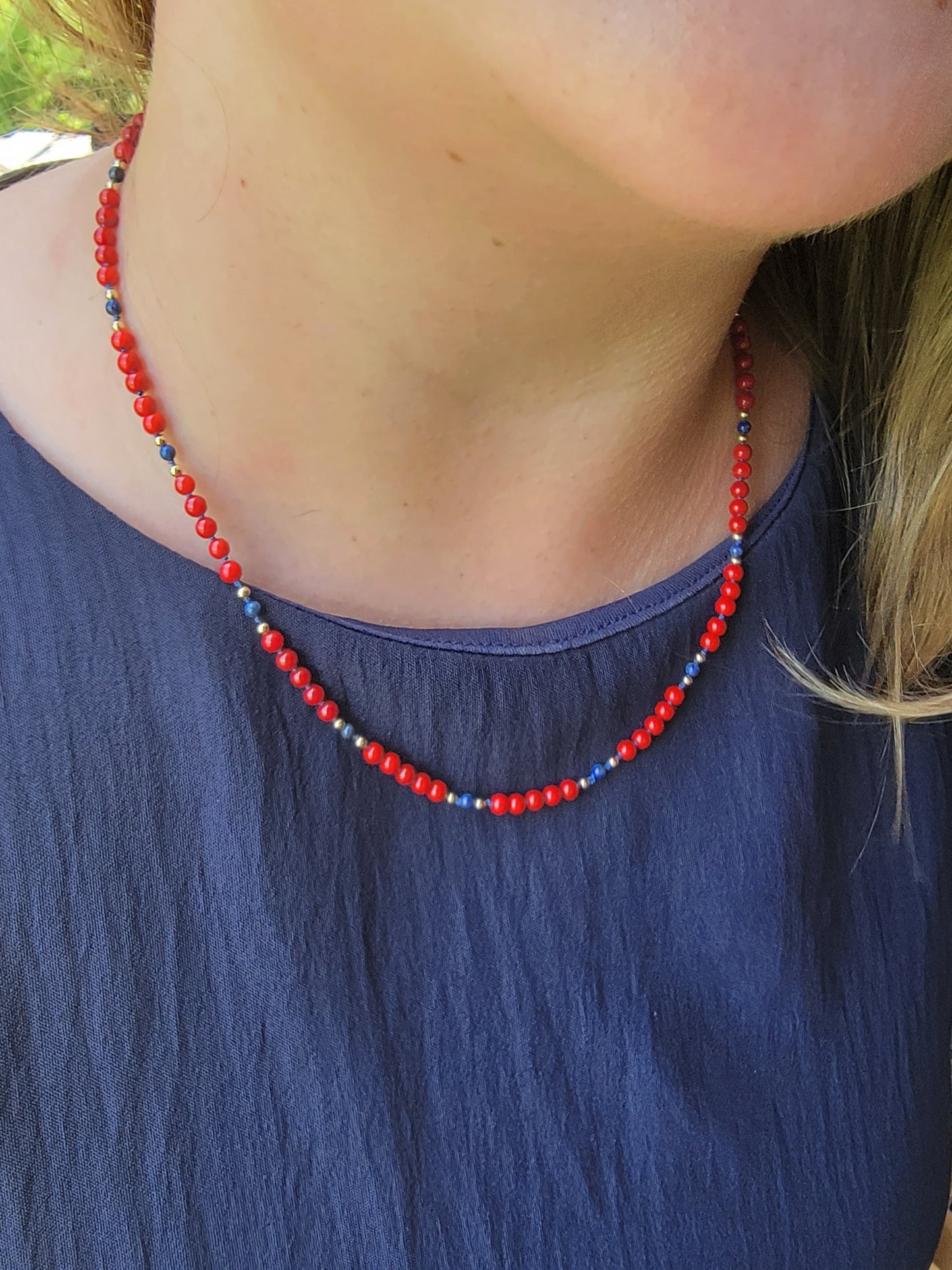 Verbena Necklace in Red, Gold & Lapis