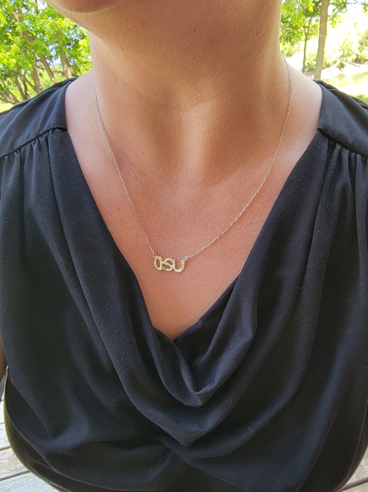Oklahoma State University "OSU" .925 Sterling Silver Necklace - 16" to 18" - Hammered Finish